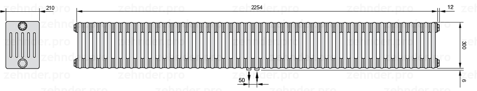 Схема (чертеж) Радиатор Zehnder Charleston 6030/49 №5410 Белый глянцевый RAL 9016